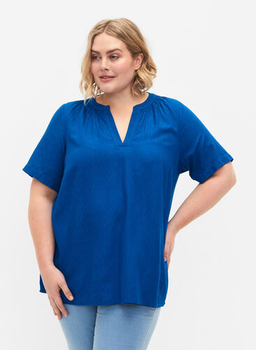 Short-sleeved viscose blouse with v-neck, Princess Blue, Model image number 0