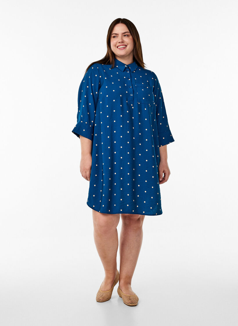 Short dress with collar and chest pocket, Blue, Model image number 1