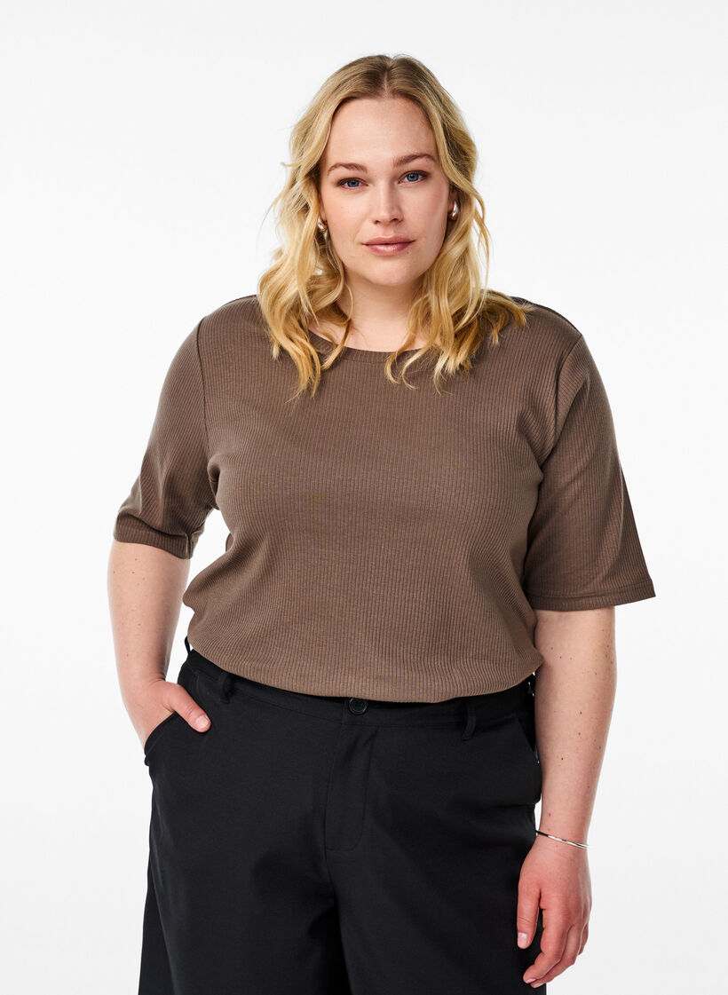 Ribbed jersey blouse with short sleeves, Brown, Model image number 0