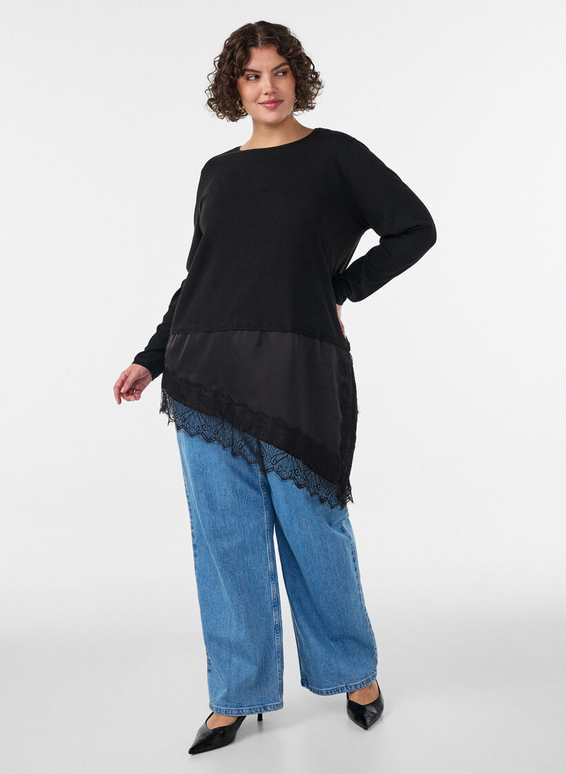 Knitted blouse with layered effect and lace trim, Black, Model image number 1