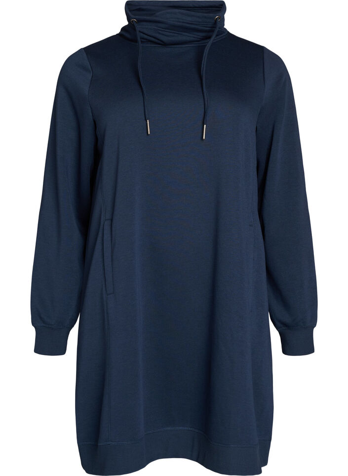 Short sweatshirt dress with high collar and pockets, Blue, Packshot image number 0