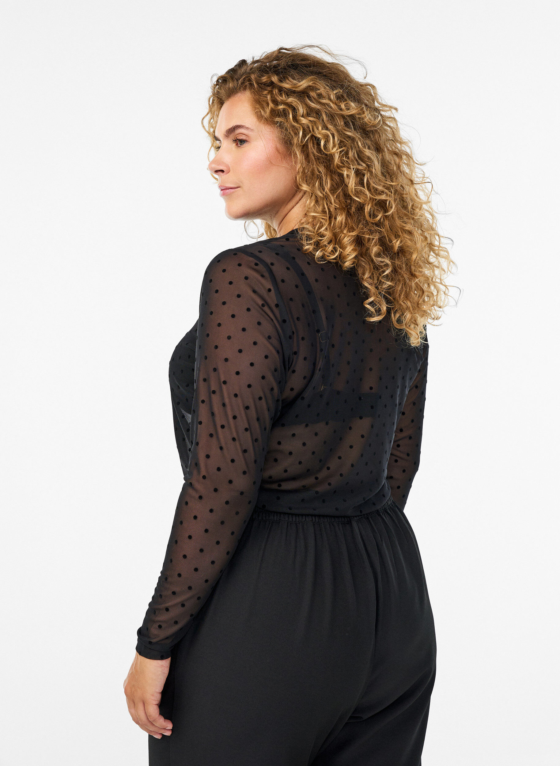 Zizzifashion Mesh blouse with dots, Black, Model image number 2