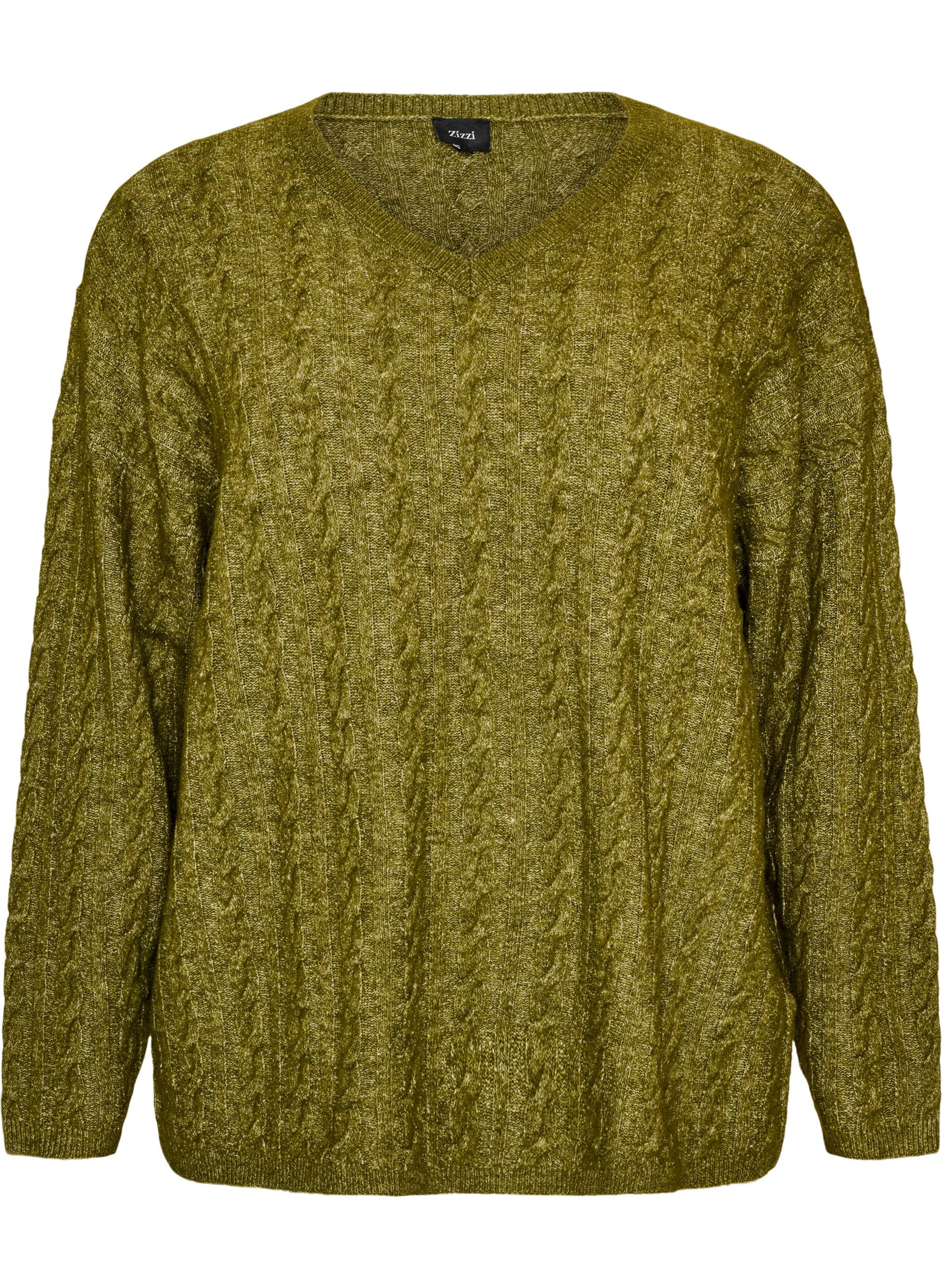 ZizzifashionKnitted blouse with cable knit and V-neck, Green, Packshot image number 0