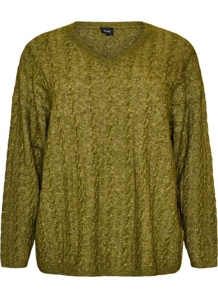 Knitted blouse with cable knit and V-neck, Green, Packshot image number 0