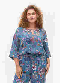 Printed viscose blouse with short sleeves, Smoke Blue Paisley, Model