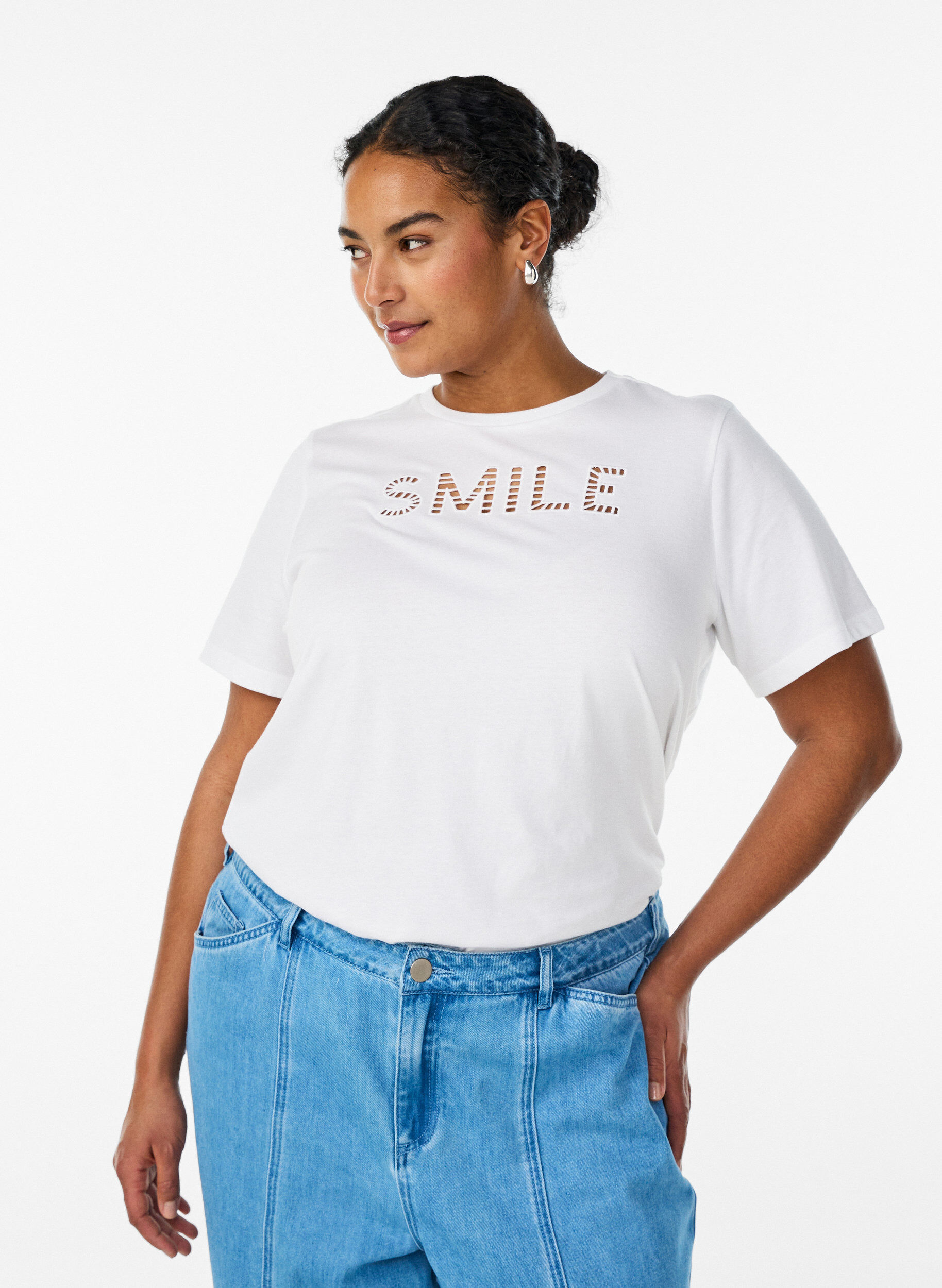 Zizzifashion Cotton T-shirt with embroidered text, White, Model image number 0
