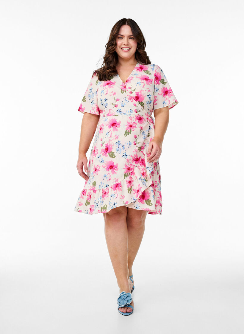 Floral wrap dress with short sleeves, White, Model image number 1