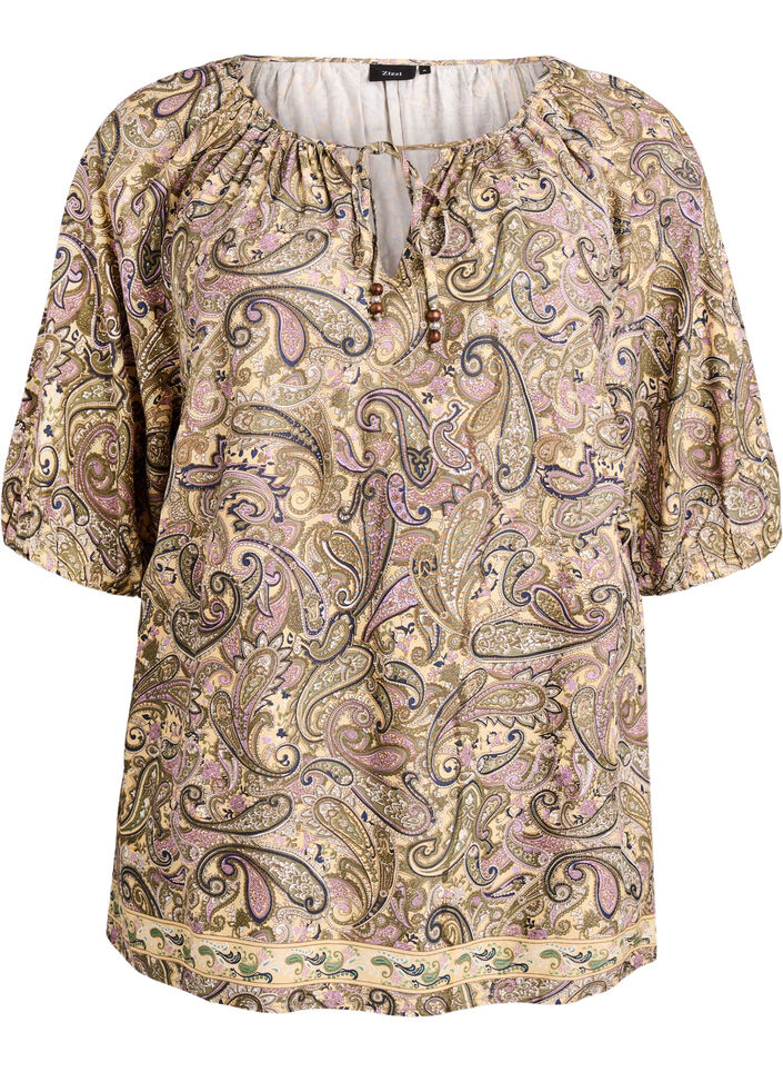 Viscose blouse with paisley print and tie-string, Yellow, Packshot image number 0