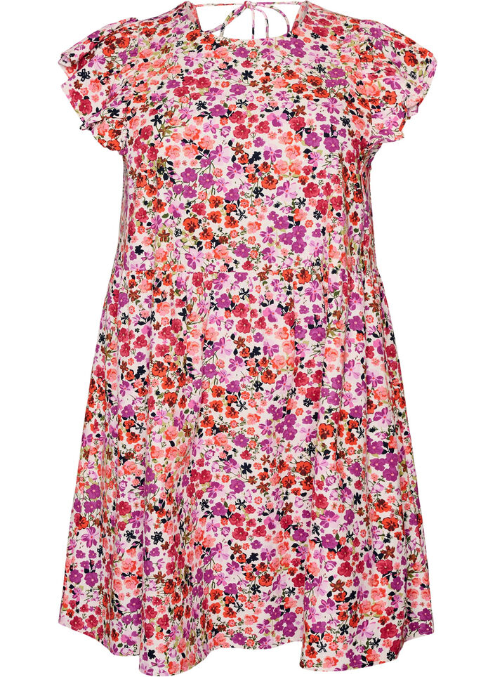 Floral cotton dress with ruffles and V-neck, Pink, Packshot image number 0