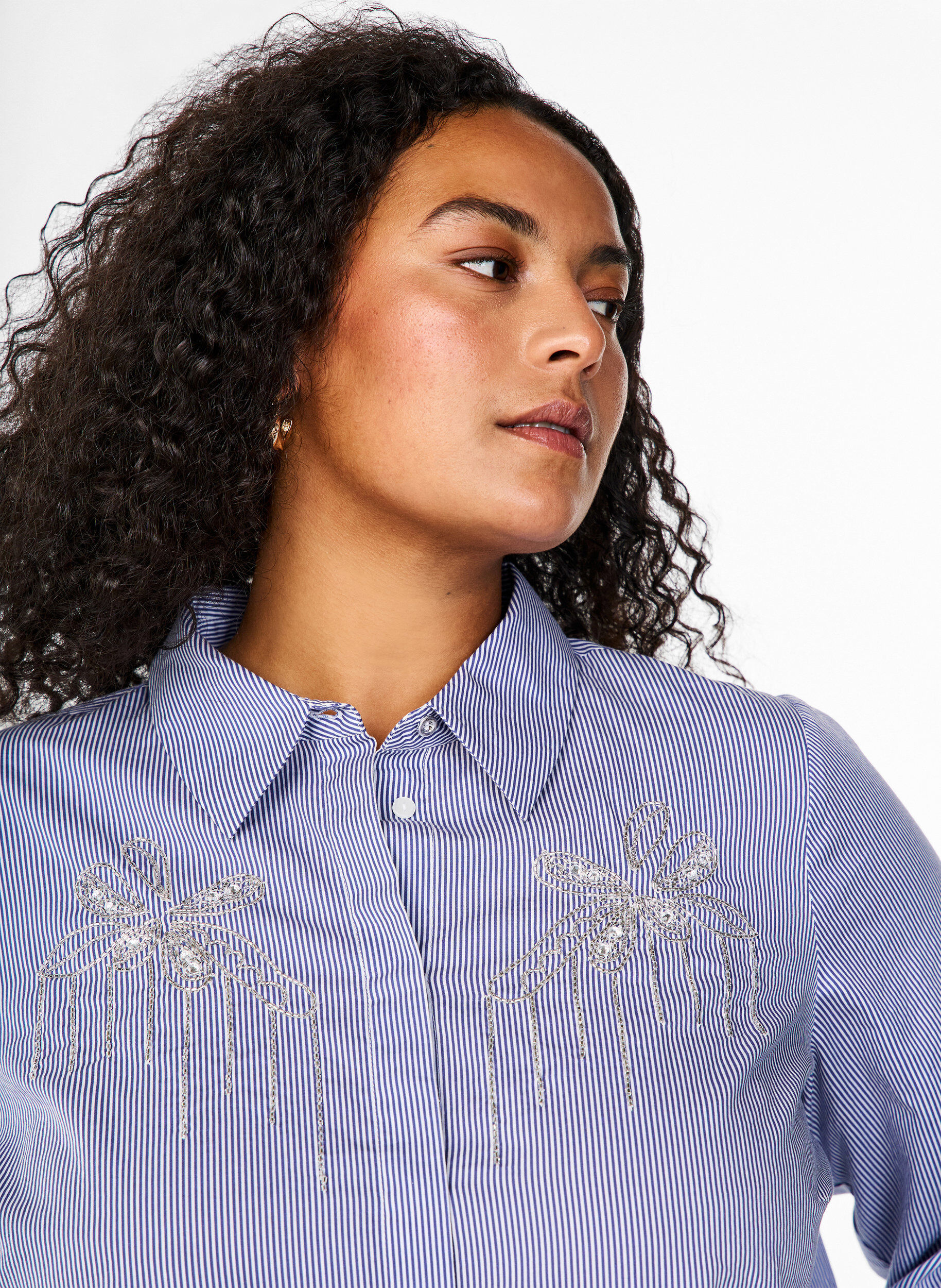 Zizzifashion Organic cotton shirt with bead embroidery, Blue, Model image number 3