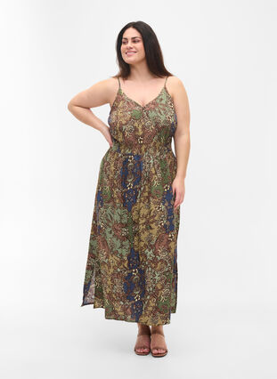 Sleeveless viscose midi dress with a paisley print, Green Paisley, Model image number 0