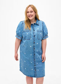 Denim dress with embroidered hearts, Light blue denim, Model