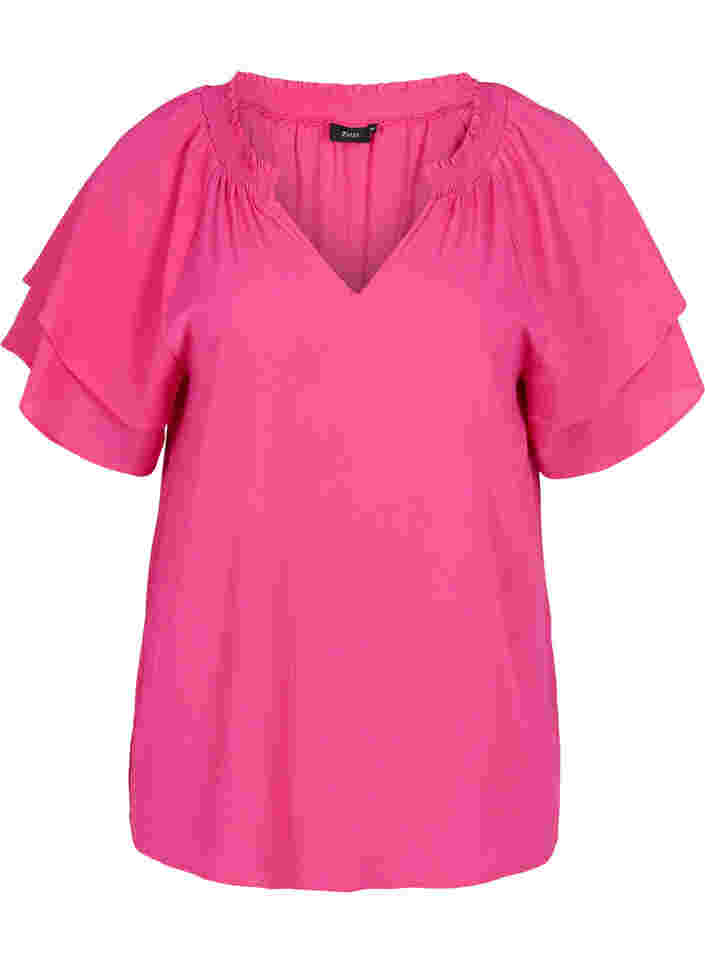 Short-sleeved v-neck blouse, Fuchsia Purple, Packshot image number 0
