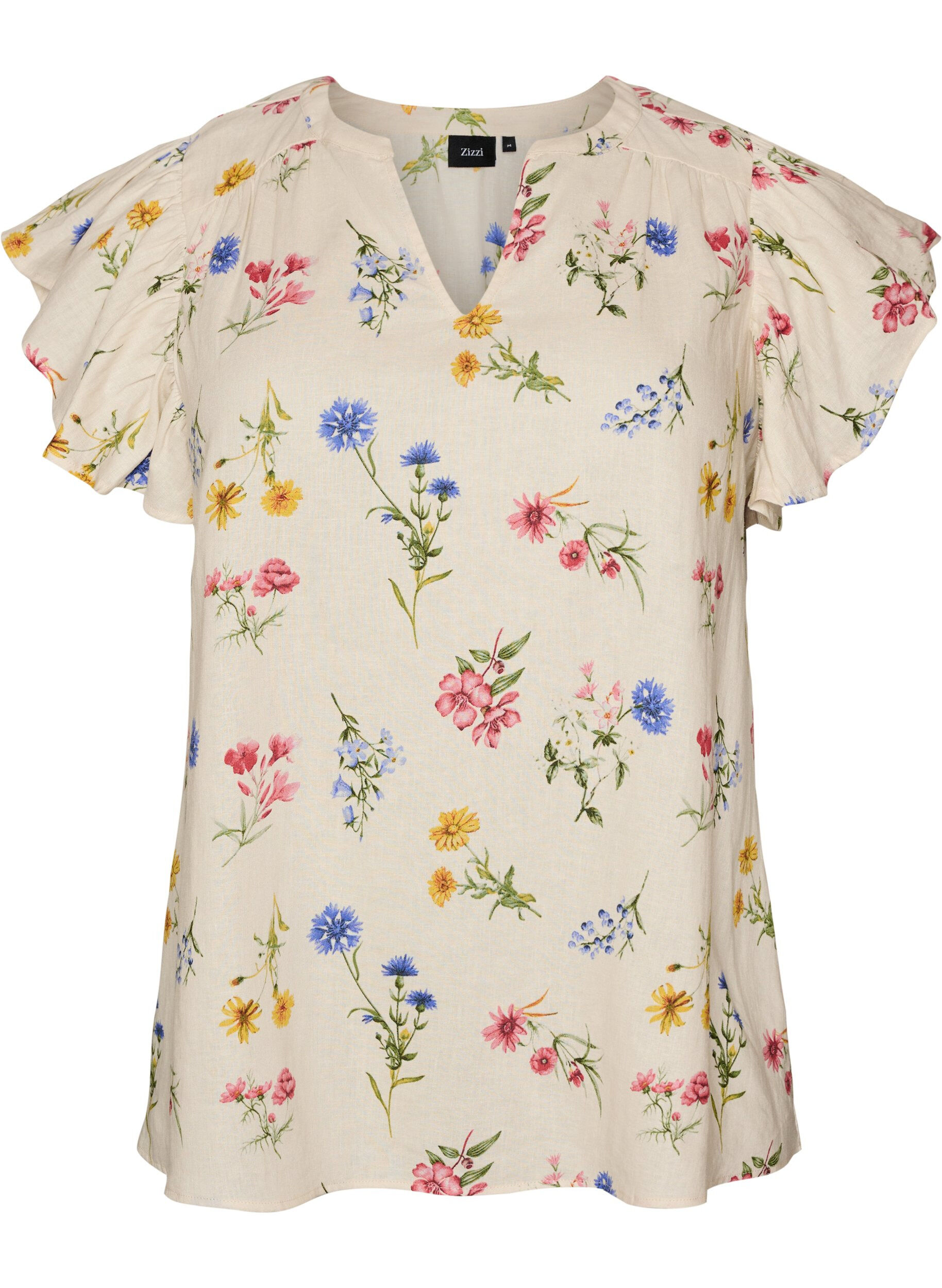 ZizzifashionViscose and linen blouse with ruffle sleeves, Beige, Packshot image number 0