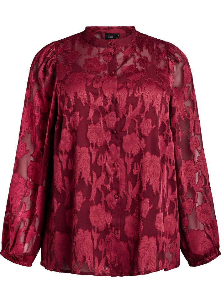 Blouse with buttons and floral pattern, Dark Bordeaux, Packshot image number 0