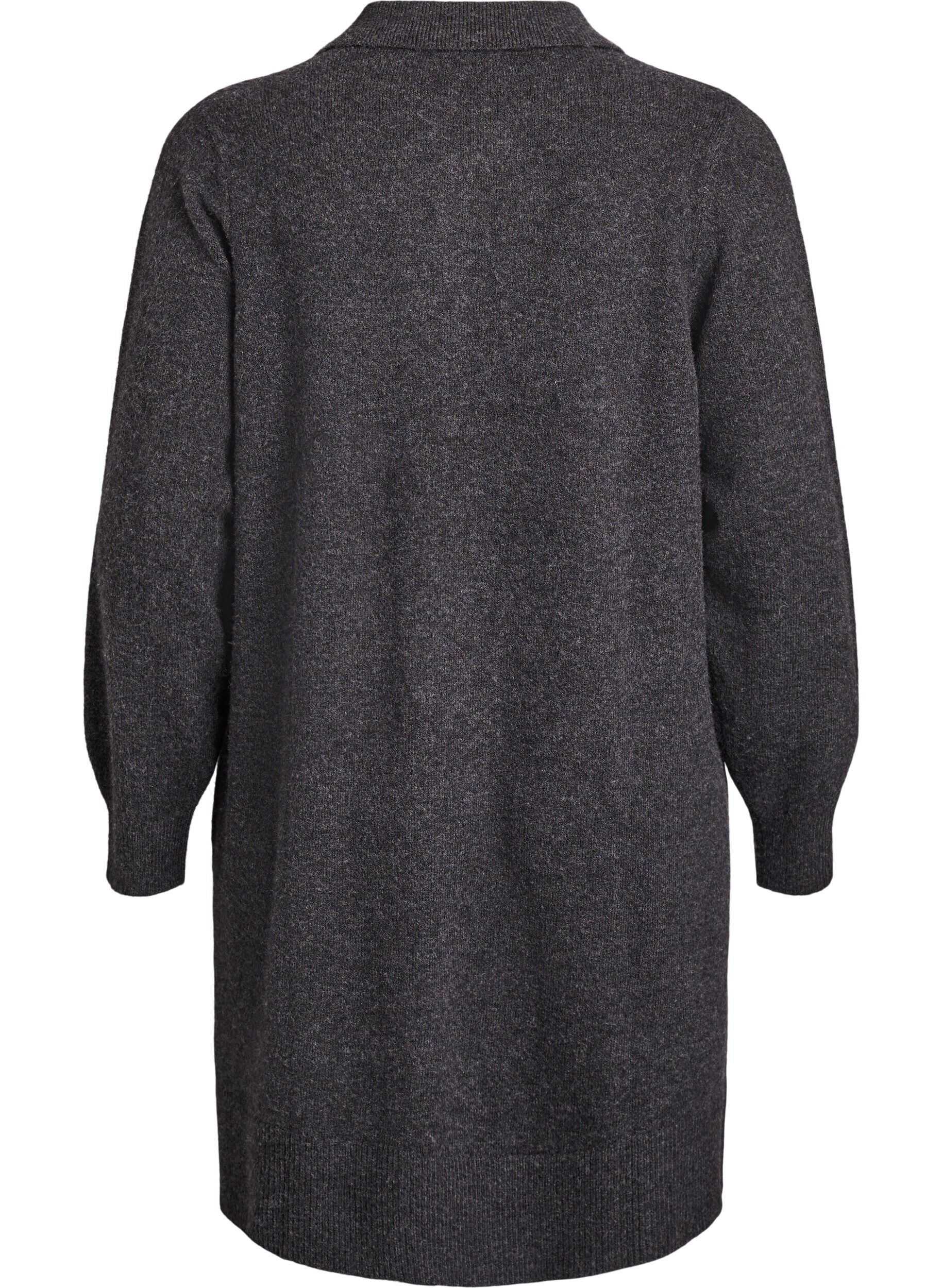 Zizzifashion Short knit dress with polo collar and buttons, Dark Grey, Packshot image number 1
