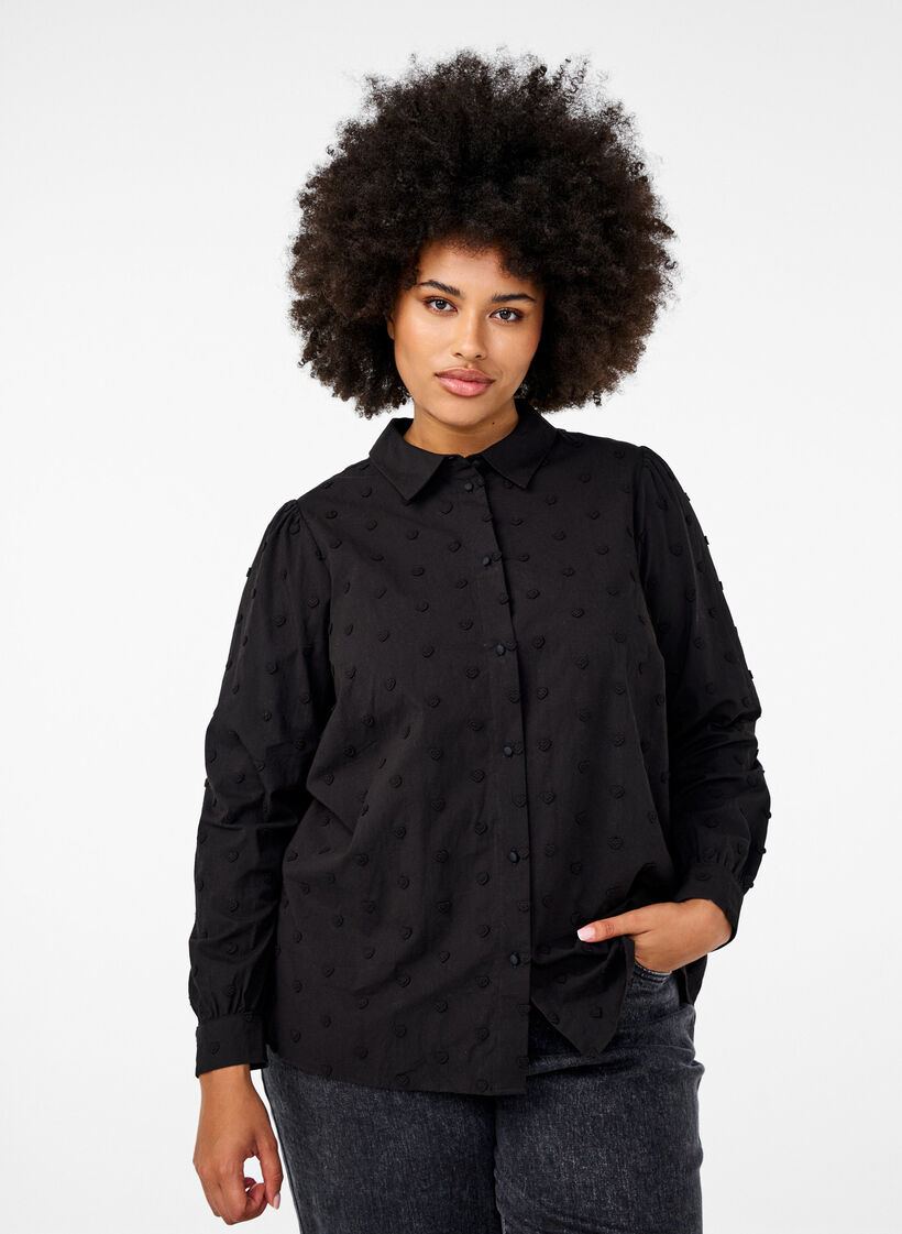 Shirt with collar and sewn-on hearts, Black, Model image number 0