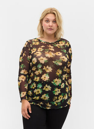 Tight fit mesh blouse with floral print, Yellow Green AOP, Model image number 0