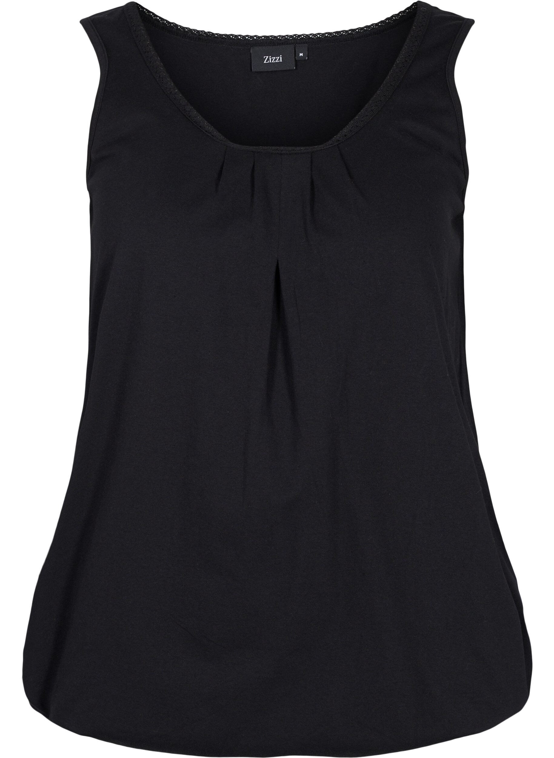 Zizzifashion Cotton top with rounded neckline and lace trim, Black, Packshot image number 0