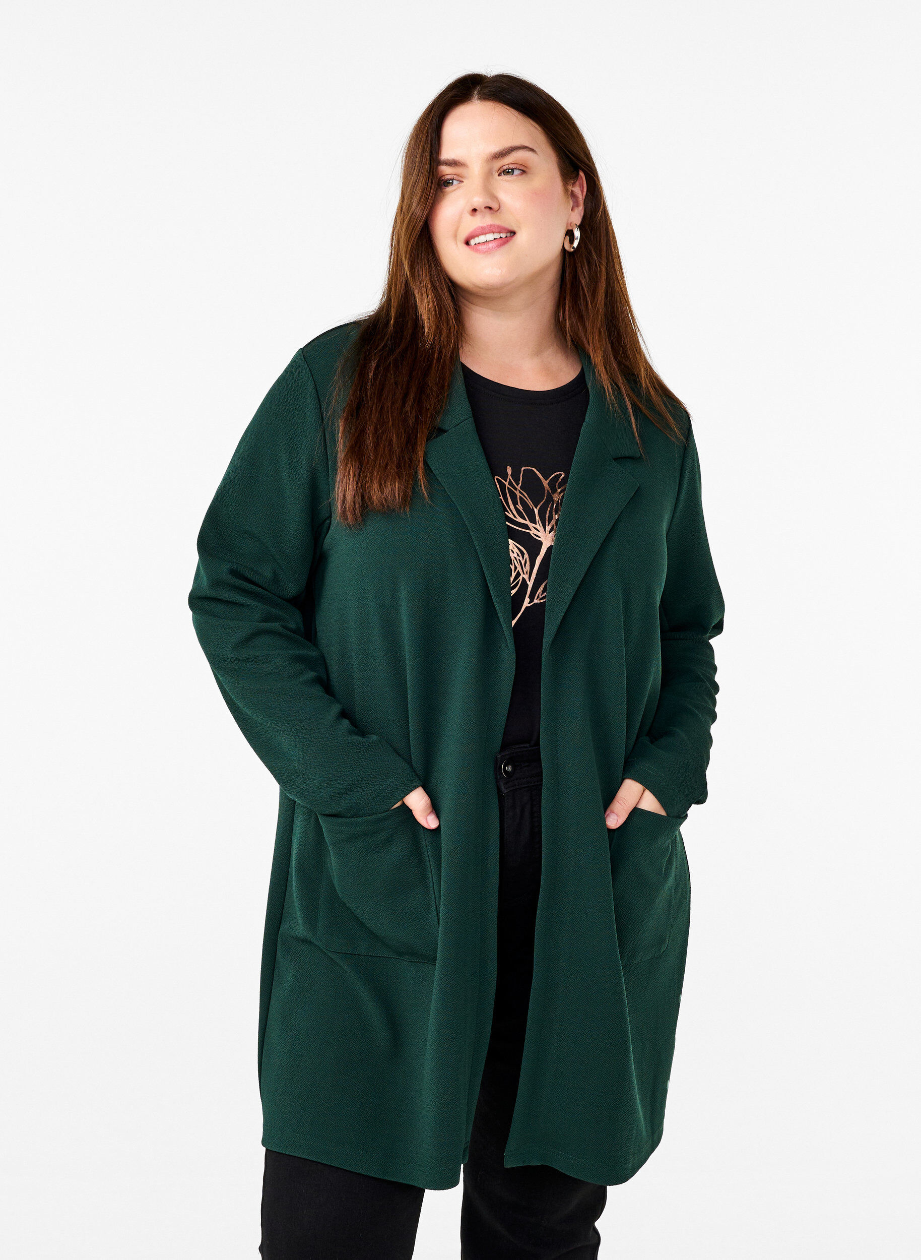 ZizzifashionLong blazer with pockets, Green, Model image number 0
