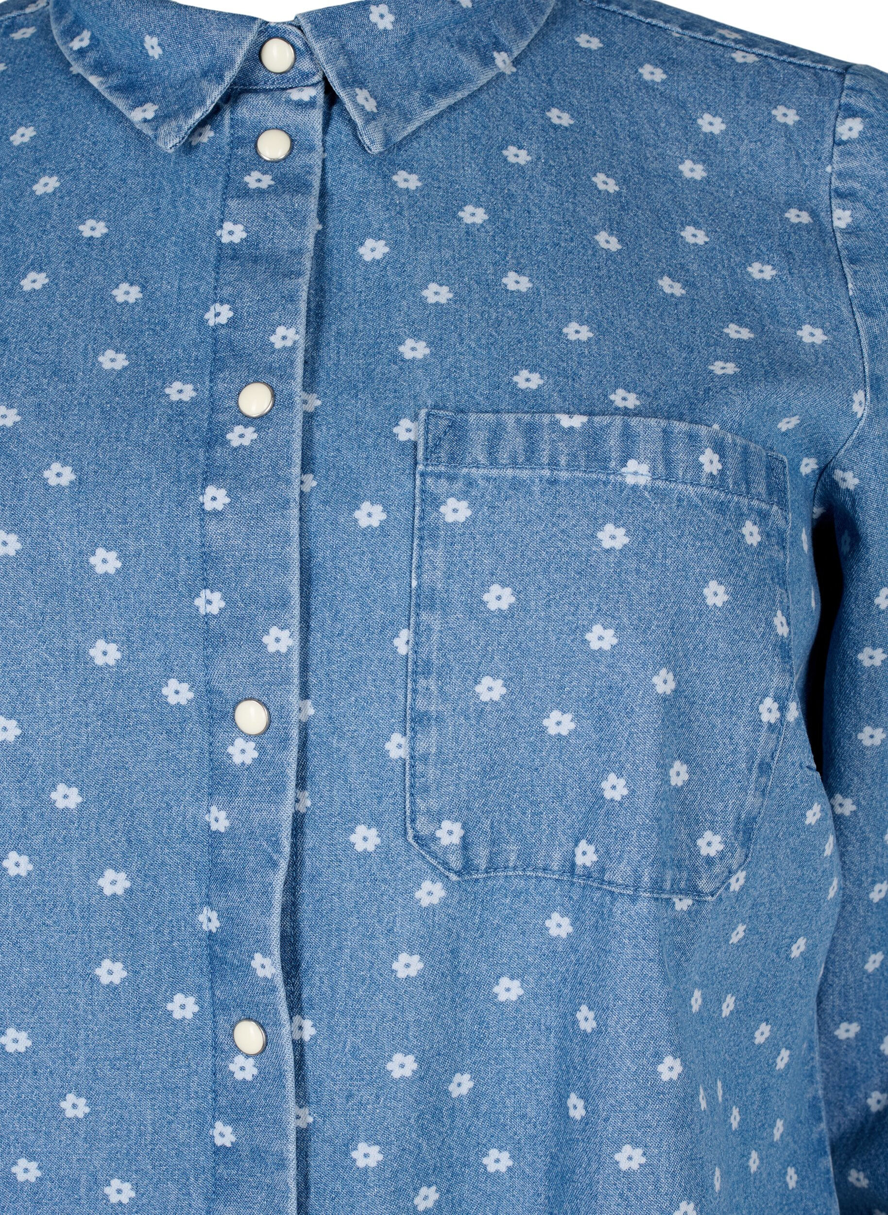 Zizzifashion Floral denim shirt with chest pocket, Light Blue w.Flowers, Packshot image number 2