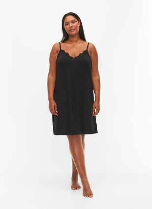 Viscose nightgown with lace trim, Black, Model image number 2