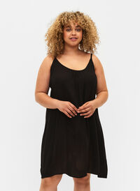 Solid colour strap dress in viscose, Black, Model