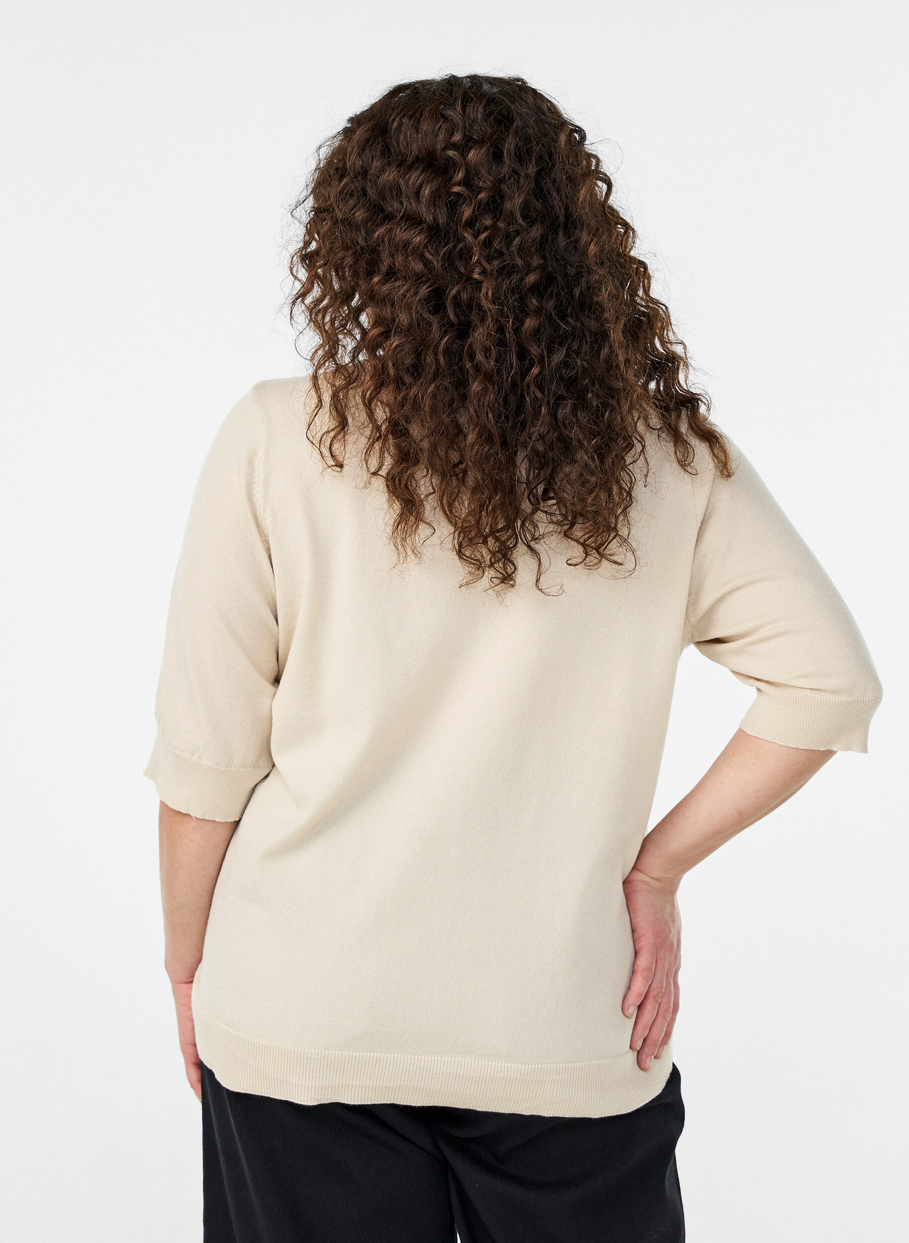 ZizzifashionFine-knit blouse with short sleeves, Beige, Model image number 2