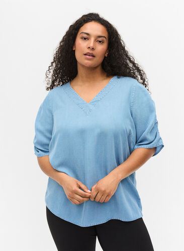 Blouse with draped sleeves, Light blue denim, Model image number 0