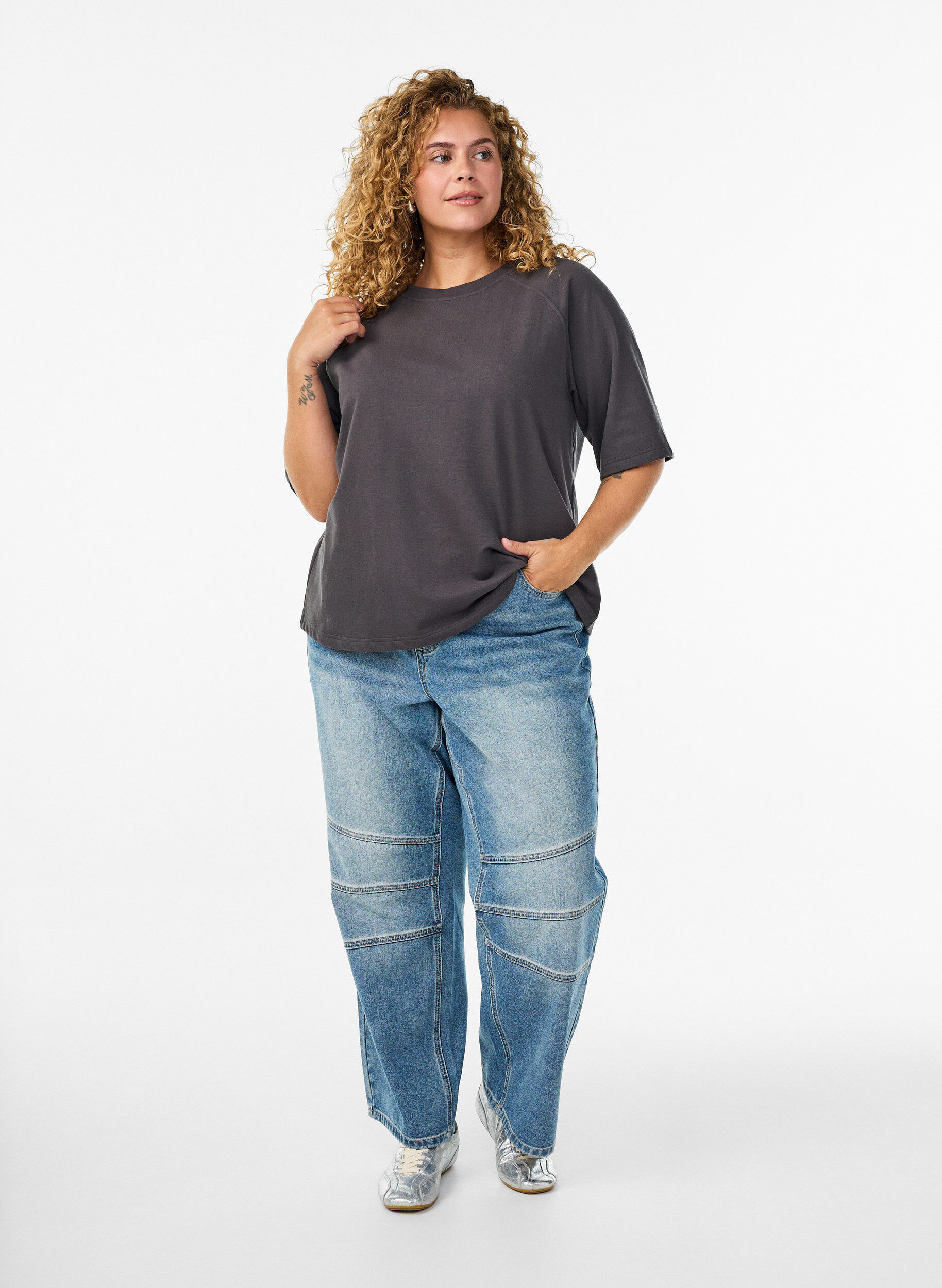 Zizzifashion Jersey blouse with 1/2 raglan sleeves, Dark Grey, Model image number 1