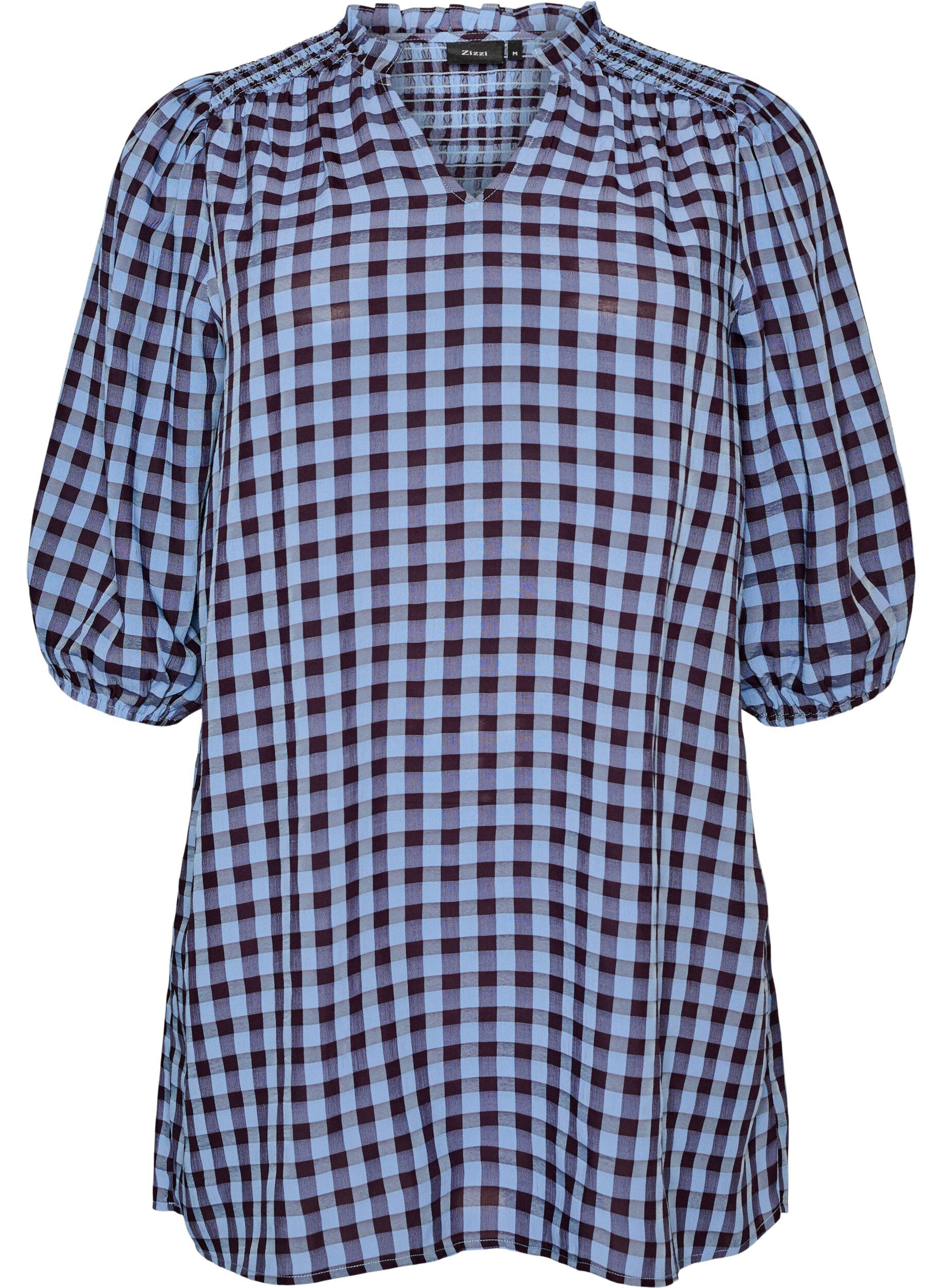 ZizzifashionTunic with gingham check and ruffle collar, Blue, Packshot image number 0