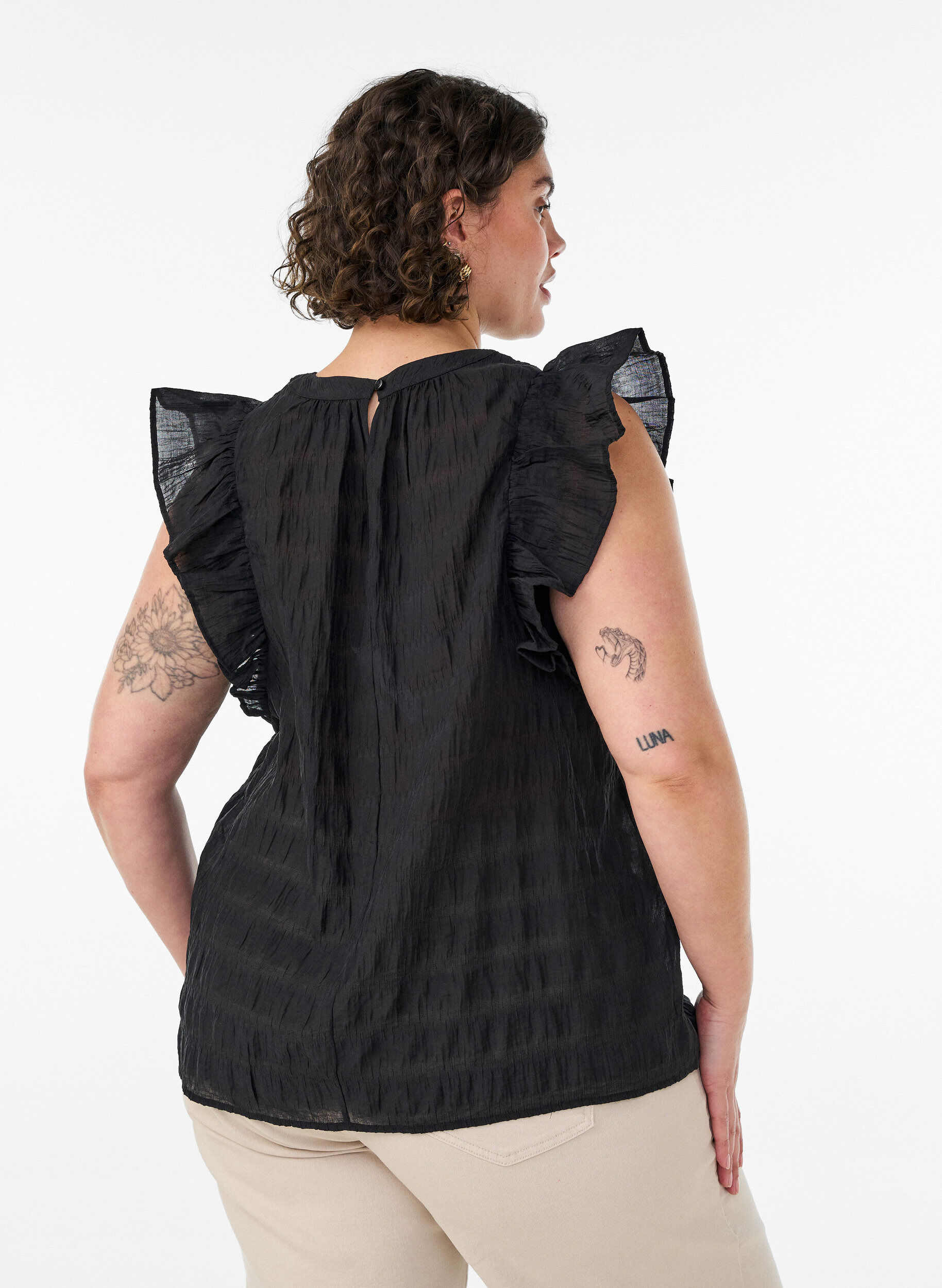 ZizzifashionSleeveless blouse with texture and ruffles, Black, Model image number 2