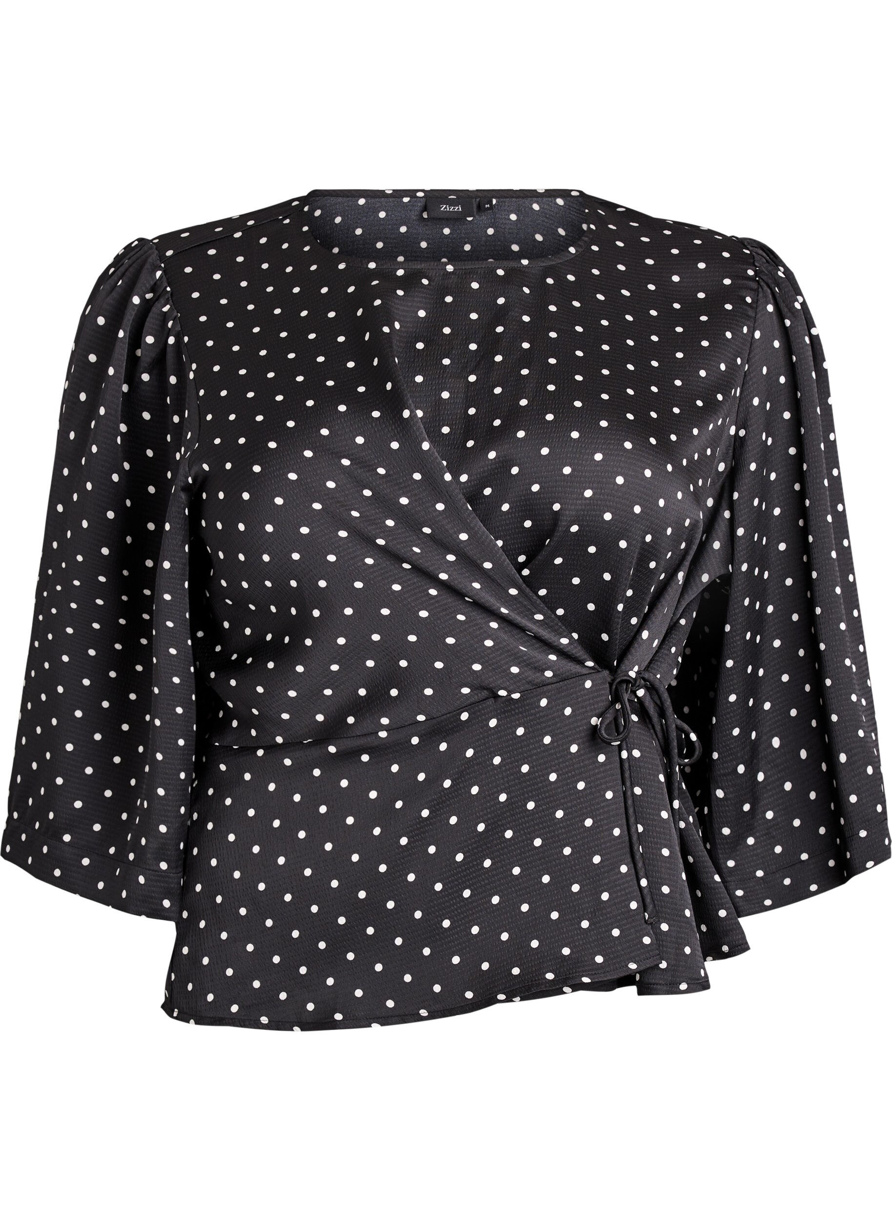 Zizzifashion Polka dot blouse with tie-fastening and 3/4-sleeves, Black, Packshot image number 0