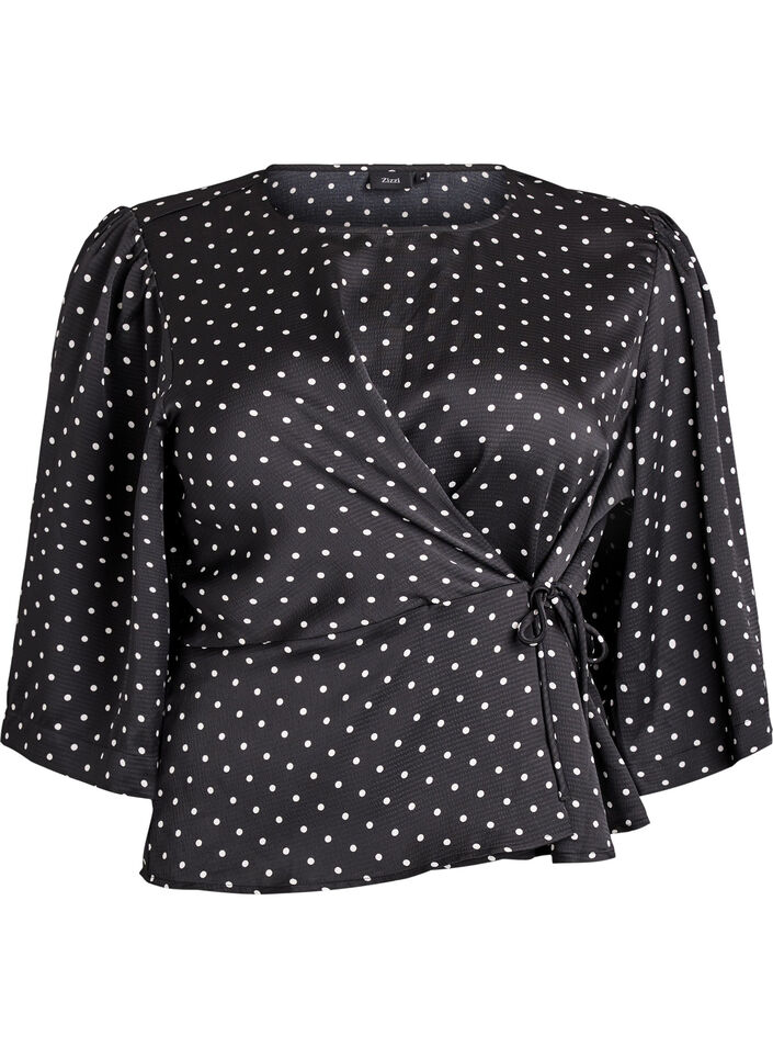 Polka dot blouse with tie-fastening and 3/4-sleeves, Black, Packshot image number 0