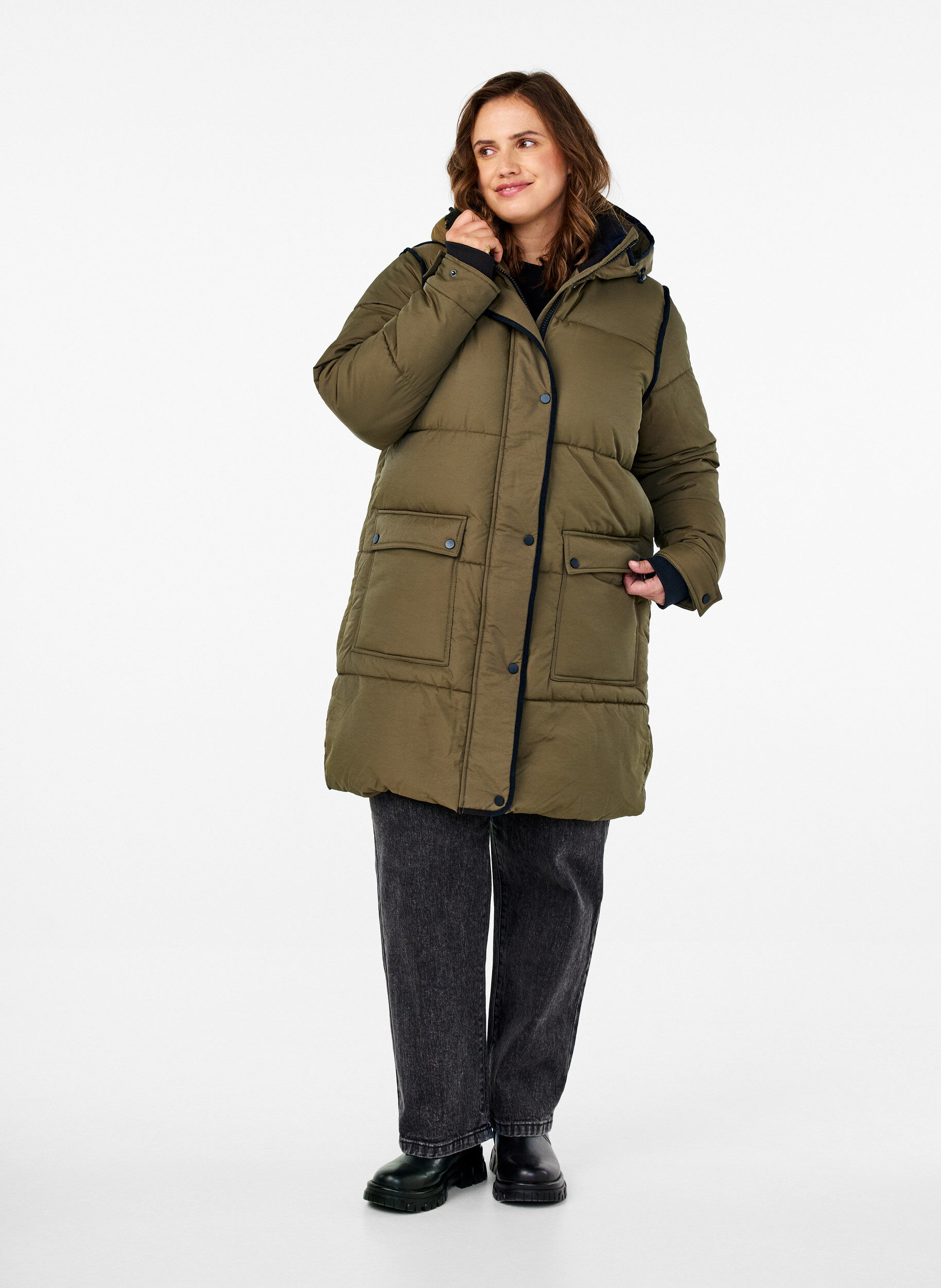 Zizzifashion Puffer jacket with hood and contrast detailing, Green, Model image number 1