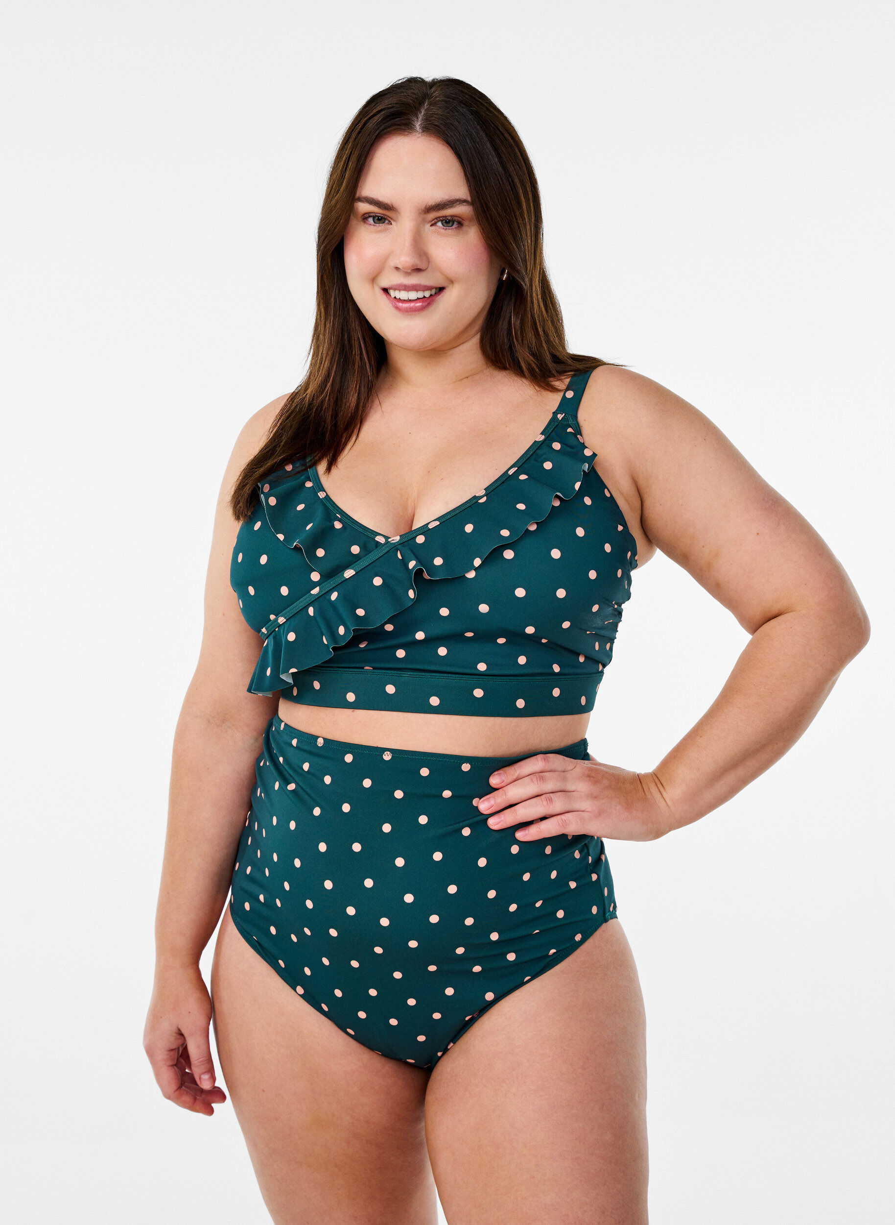 ZizzifashionBikini top with polka dots and ruffle details, Green, Model image number 1