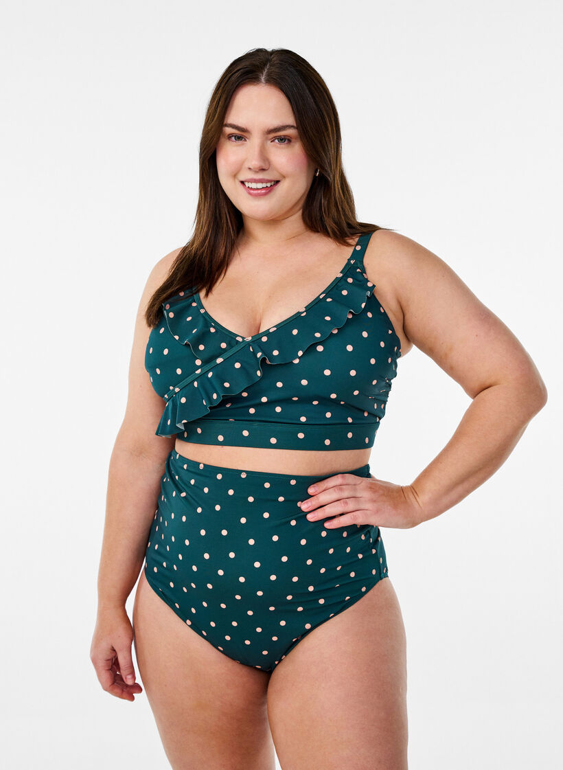 Bikini top with polka dots and ruffle details, Green, Model image number 1