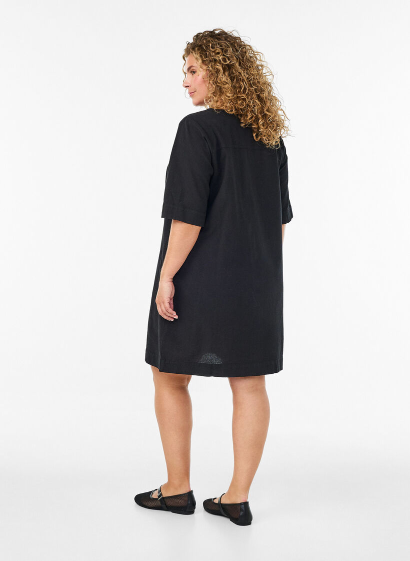 Cotton dress with short sleeves and pockets, Black, Model image number 2