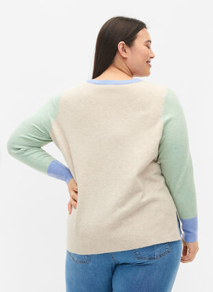Knitted blouse with colour block and v-neck, Pumice Stone Mel.Com, Model image number 1