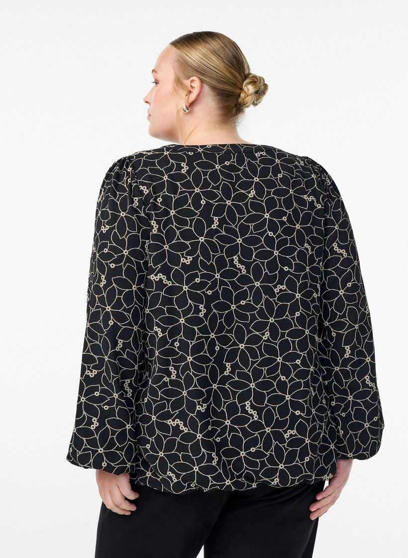 Long-sleeved blouse with floral embroidery, Black, Model image number 2