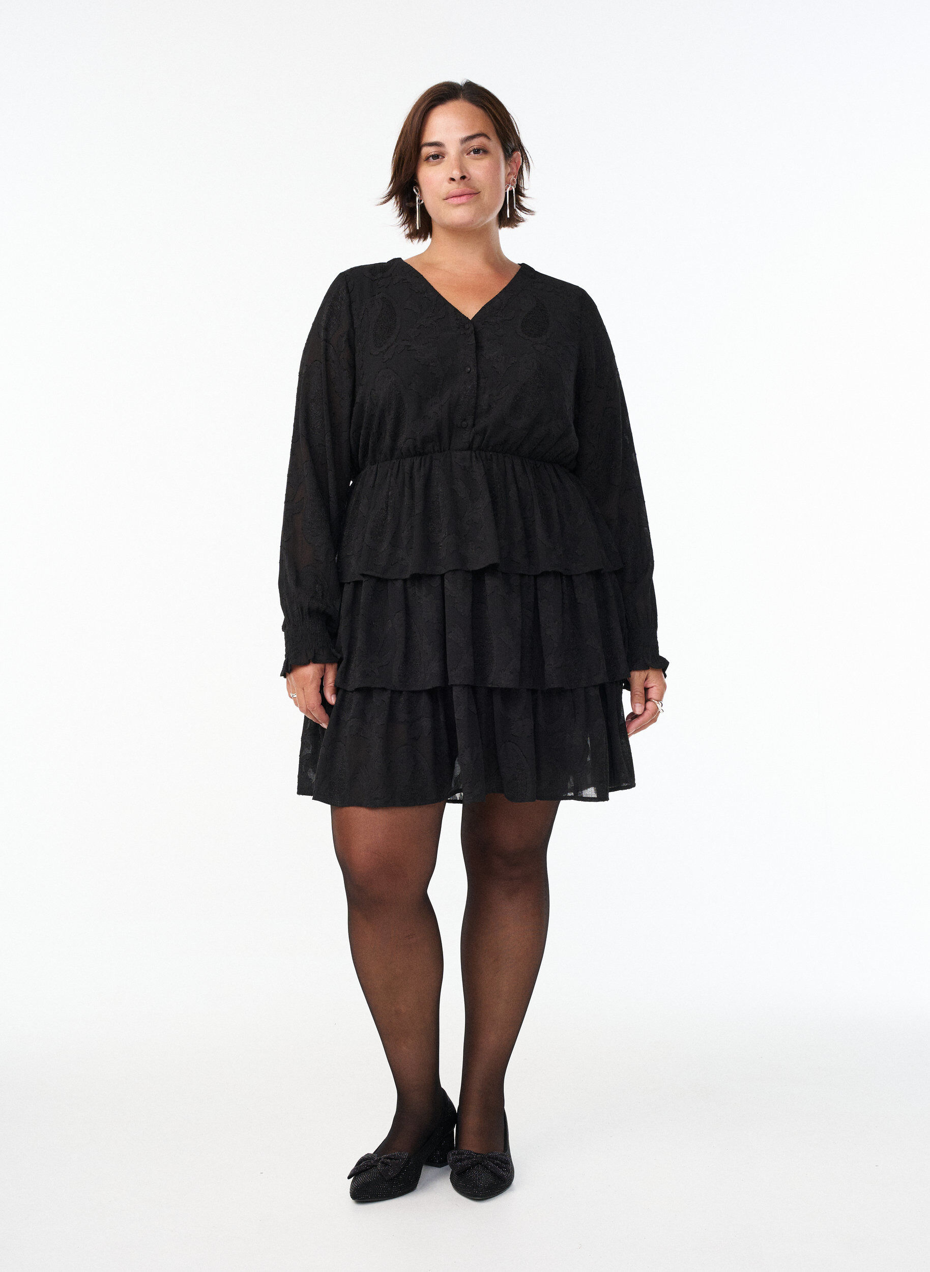 ZizzifashionShort dress with ruffles and a textured pattern, Black, Model image number 1