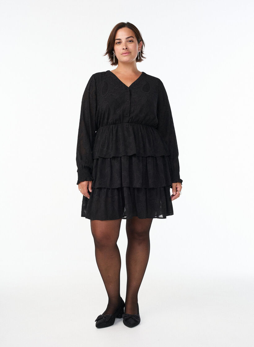 Short dress with ruffles and a textured pattern, Black, Model image number 1