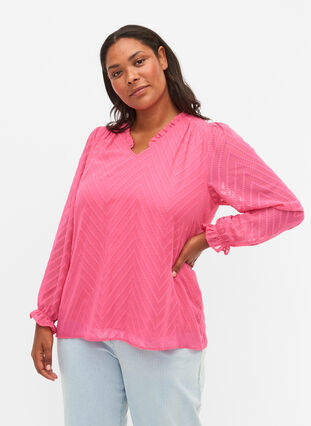 Blouse with long sleeves and frill details, Shocking Pink, Model image number 0