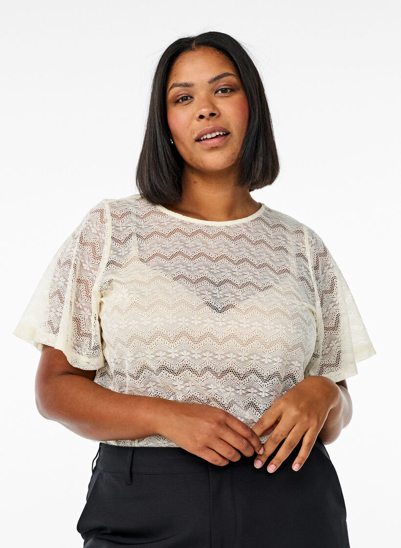 Lace blouse with short sleeves and scalloped hem, Vanilla, Model image number 0