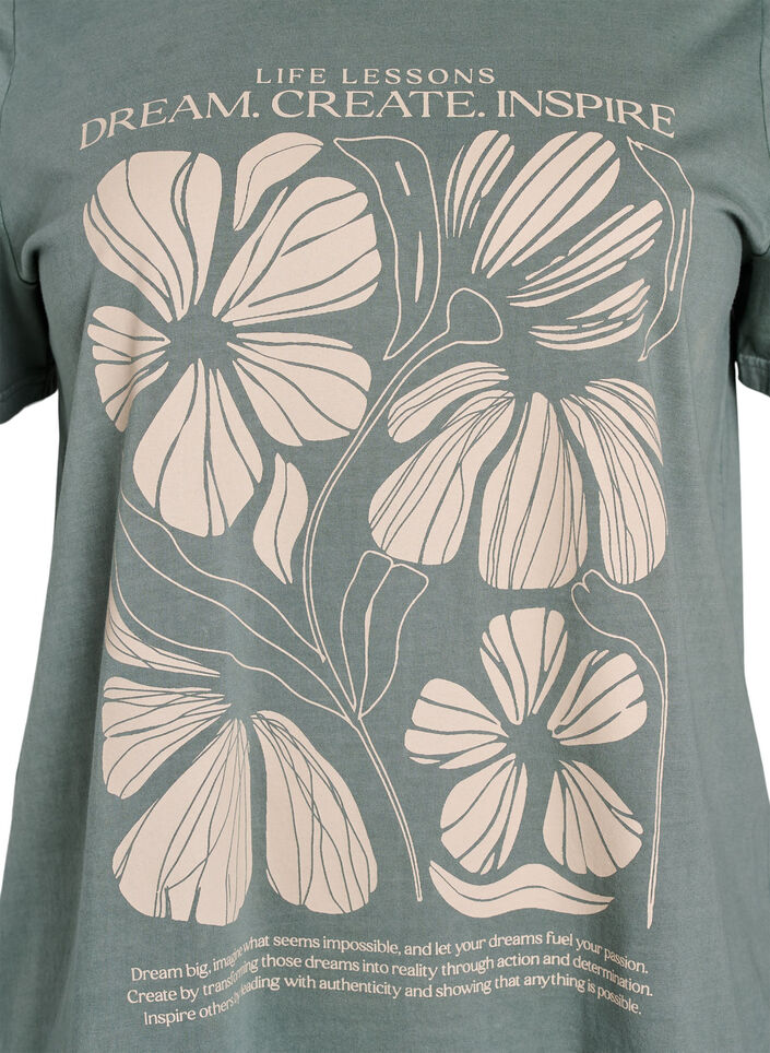 Organic cotton T-shirt with text and floral print, Green, Packshot image number 2