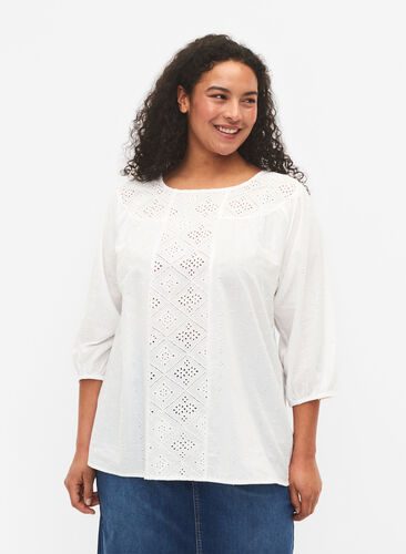 Blouse with embroidery anglaise and 3/4 sleeves, Bright White, Model image number 0