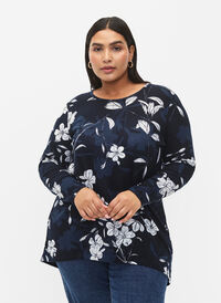 Floral blouse with long sleeves, Navy B. Flower AOP, Model
