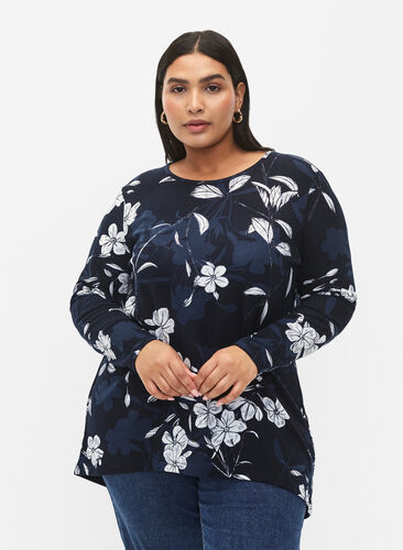 Floral blouse with long sleeves, Navy B. Flower AOP, Model image number 0