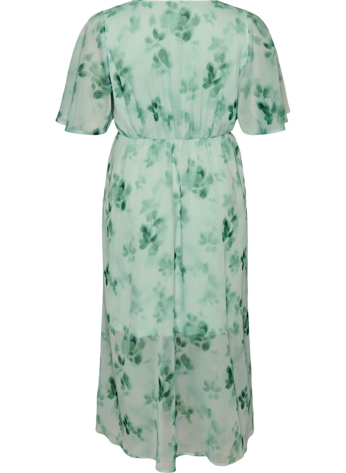 Long chiffon dress with floral print and short sleeves, Green, Packshot image number 1