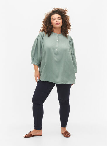 Viscose-Linen Mix Shirt Blouse with 3/4 Sleeves, Chinois Green, Model image number 2